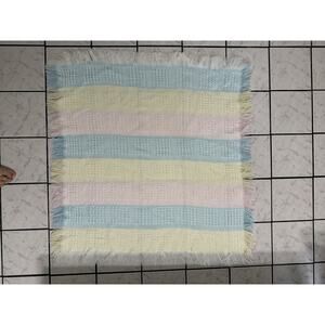 Vtg Up Scale‎ Acrylic Waffle Weave Baby Blanket Woven Throw Pastel Fringe Edge